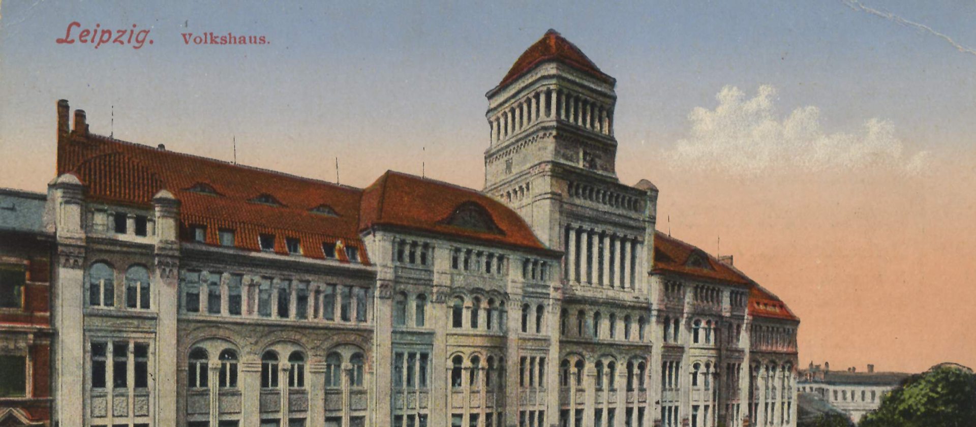 Postkartenzeichnung des imposanten Volkshauses Leipzig.