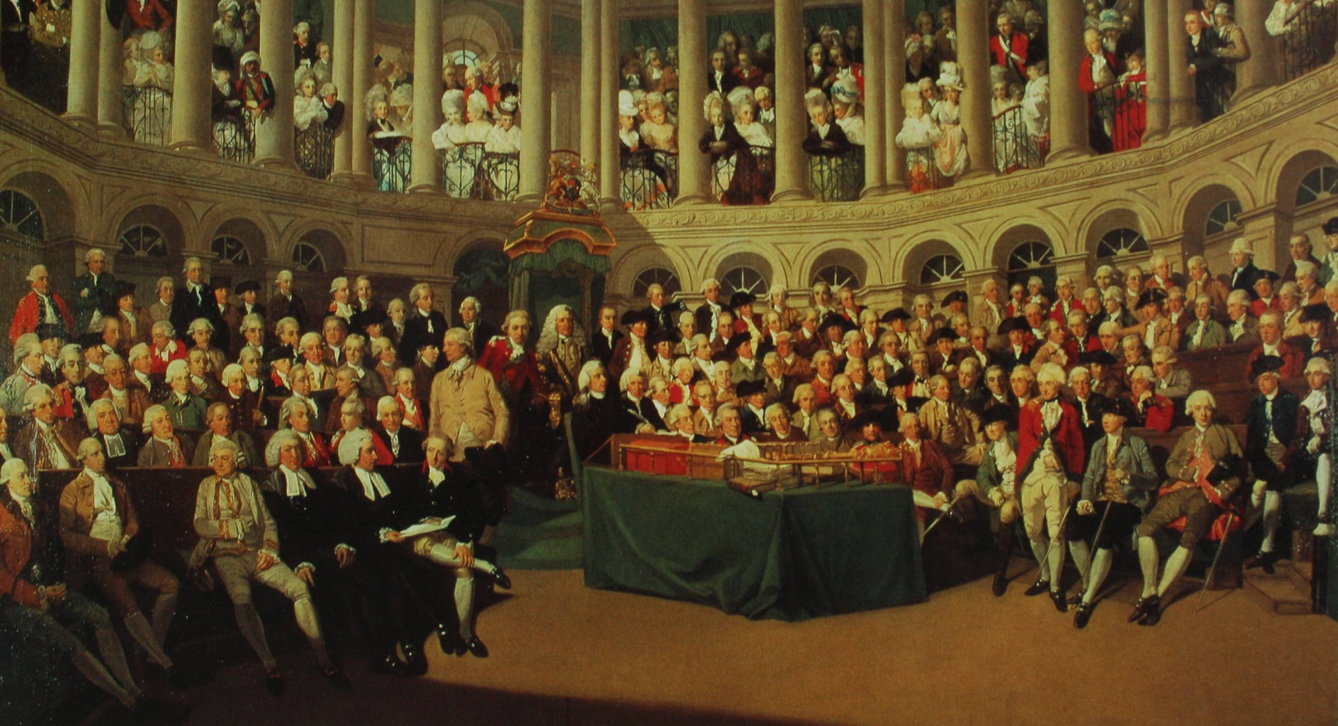 Historisches Gemälde mit Blick in das Parlamentsplenum: Abgeordnete sitzen in ihren Rängen, oberhalb von ihnen befinden sich unzählige Zuschauer:innen..